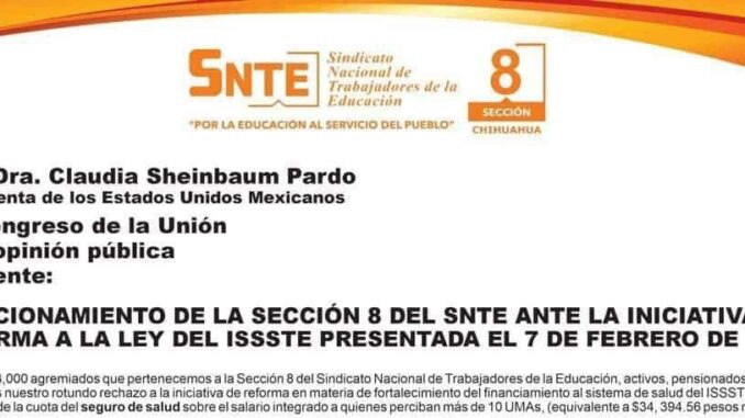 Sección 8 del SNTE rechaza reforma al ISSSTE