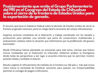 Emite el GPPRI sobre el cierre de la frontera de EEUU para la exportación de ganado