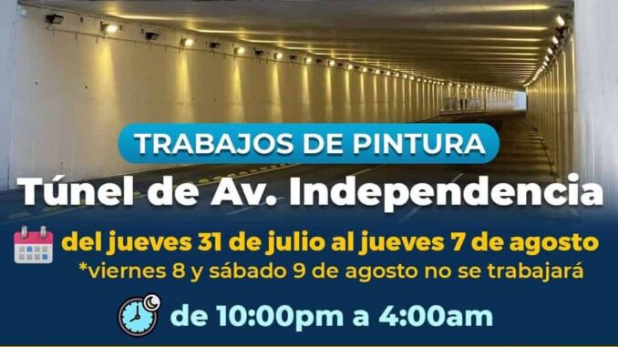 Conduce con precaución, Municipio trabajará con pintura en túnel de avenida Independencia