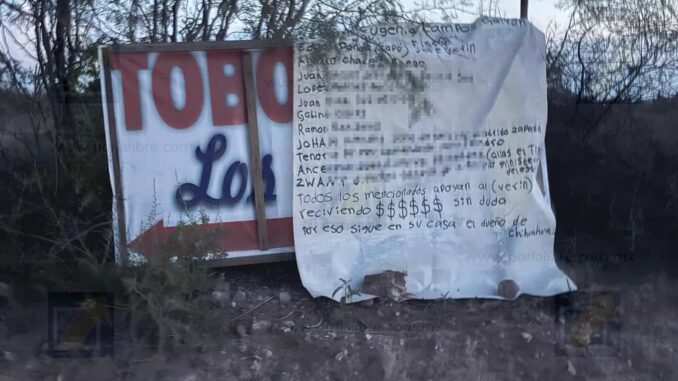 Localizan narcomanta en carretera Aldama; señalan a agentes y al «Señor de la V»