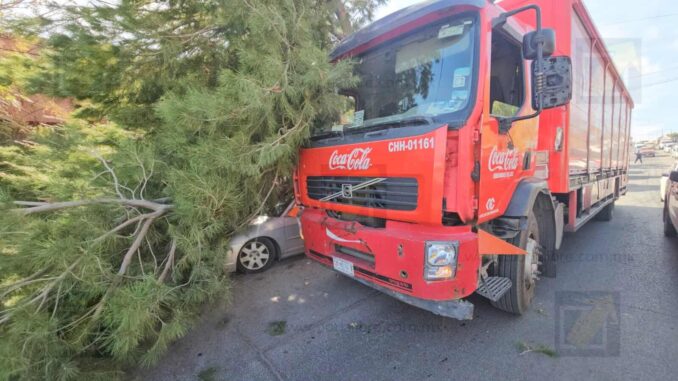 Caída de pino desploma sobre auto estacionado tras maniobra de camión repartidor
