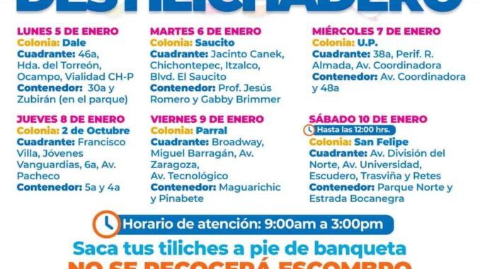 Estará Programa Destilichadero en seis colonias del 5 al 10 de enero