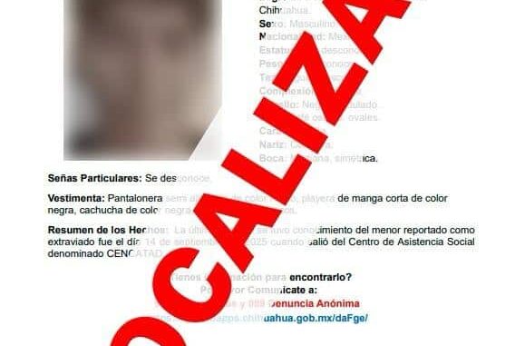 Localiza Fiscalía de Distrito Zona Centro a adolescente reportado ausente en Chihuahua