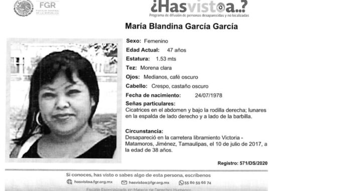 Solicita FEM colaboración para localizar a mujer extraviada en Tamaulipas en 2017
