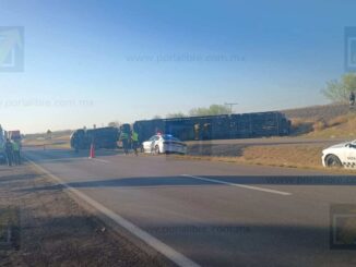 Vuelca camión nodriza cargado con vehículos en la carretera Delicias–Saucillo; pérdidas millonarias
